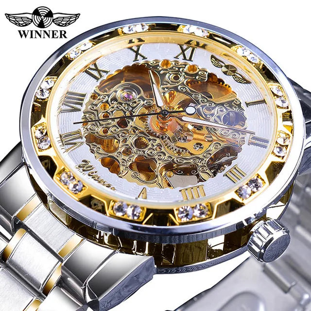Fashion Winner Hot Top Brand Luxury Men Transparent Diamond Luminou Smovement Male Mechanical Skeleton Royal Design Wrist Watch