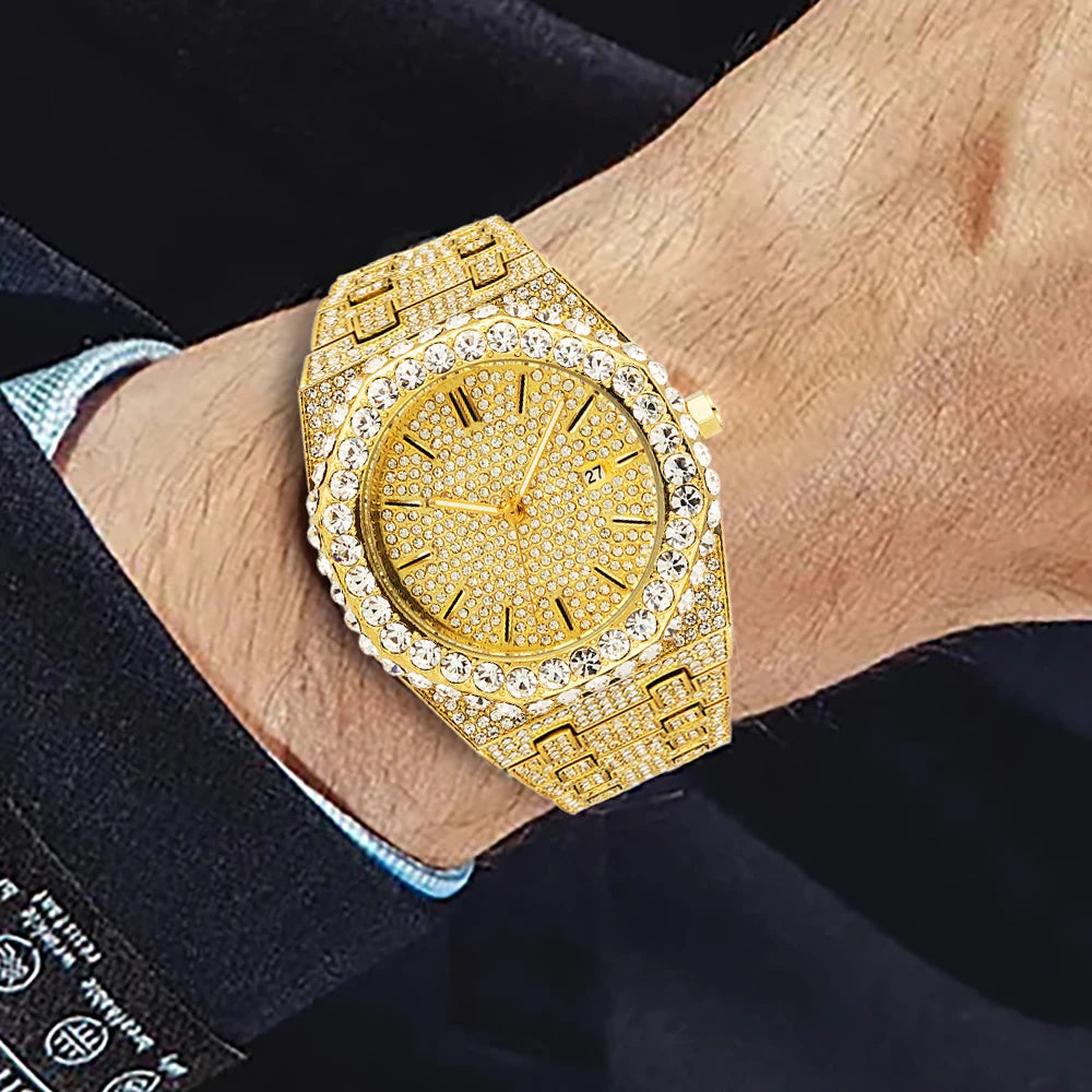 2024 New Hip Hop Mens Quartz Watch Brand MISSFOX Luxury Automatic Date Iced Out Clocks Man Fashion Green Full Diamond Wristwatch