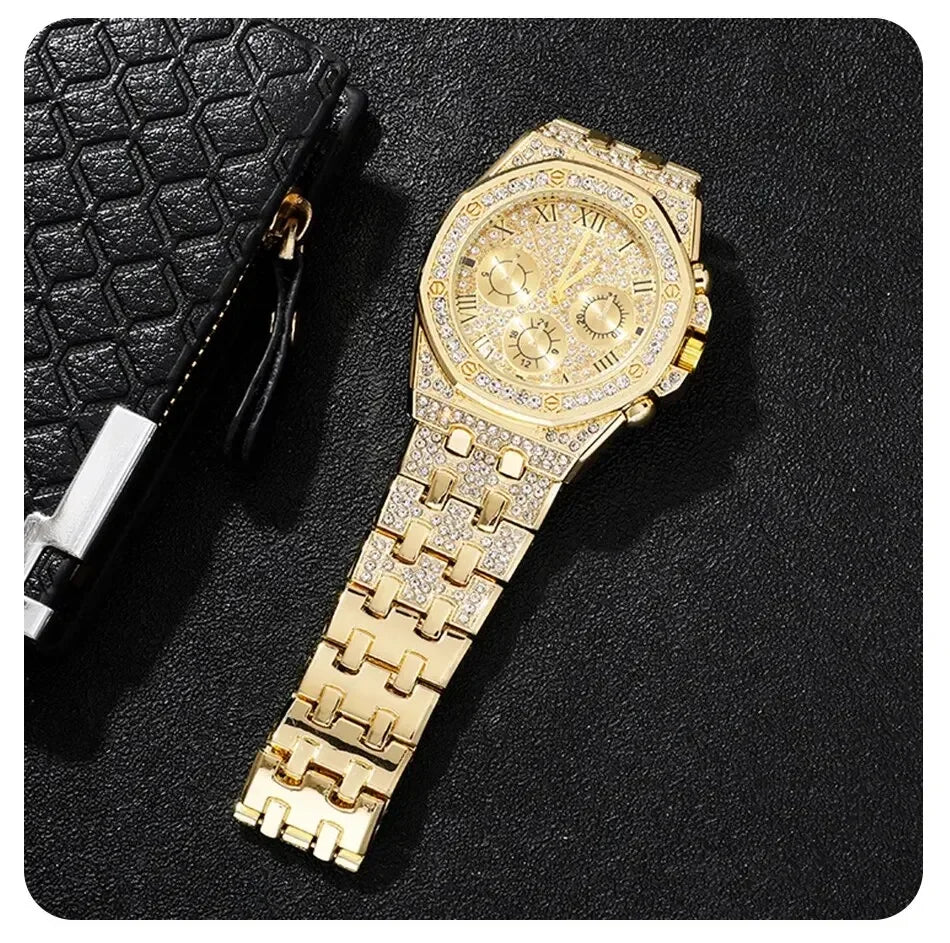 Luxury Men Watch Stainless Stee Band Golden Watches for Men Fashion Hip Hop Watch Diamond Big Dial Business Quartz Wristwatches