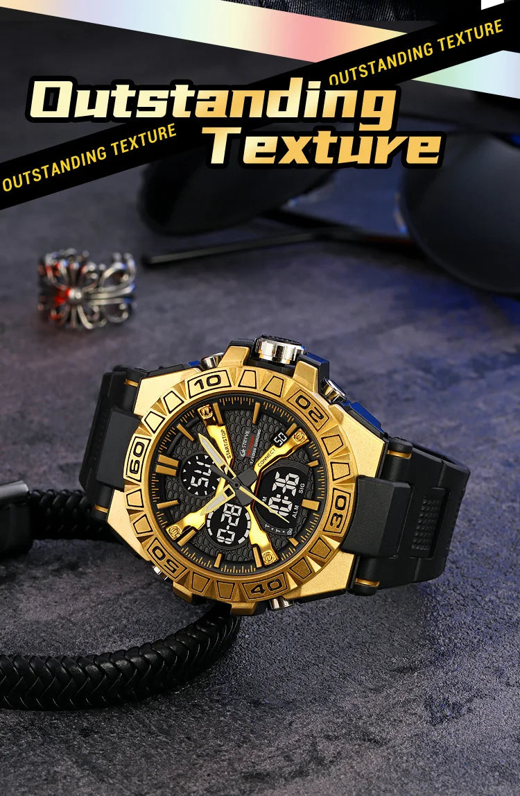 STRYVE Men's Watches 50M Waterproof Clock Alarm Reloj Hombre 8026 Dual Display Wristwatch Quartz Digital Clock Men