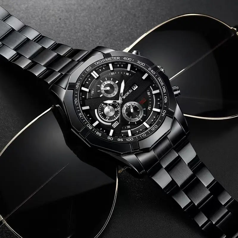 WOKAI Fashion Business Multi-functional steel band Quartz Men's luxury Tungsten steel Watch Boys Girls Student Retro clock