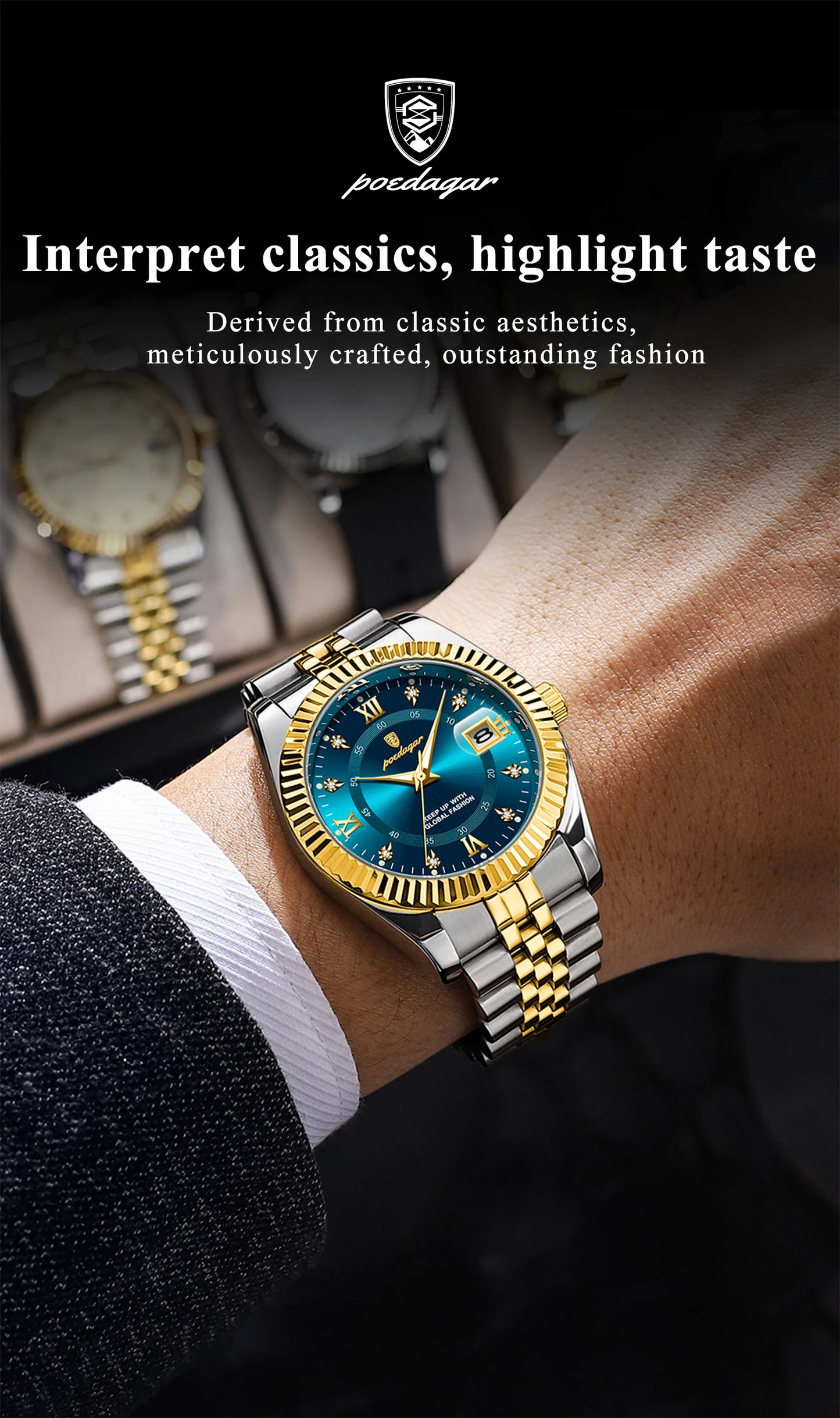 POEDAGAR Classic Men's Watches Luxury Fashion Threaded Bezel Watch for Man Luminous Date Waterproof Original Quartz Wristwatch
