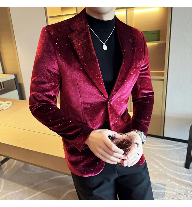 2024 Autumn New Velvet Jacket Men's Blazer Business Fashion Hot Stamping Printed Suit Jacket High-quality Luxury Dress Suit