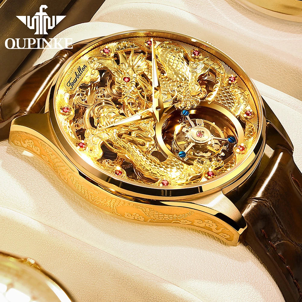 OUPINKE 3176 Luxury High end Fully Automatic Mechanical Tourbillon Watch Full Golden Dragon Dial Watch Sapphire Mirror Men Watch