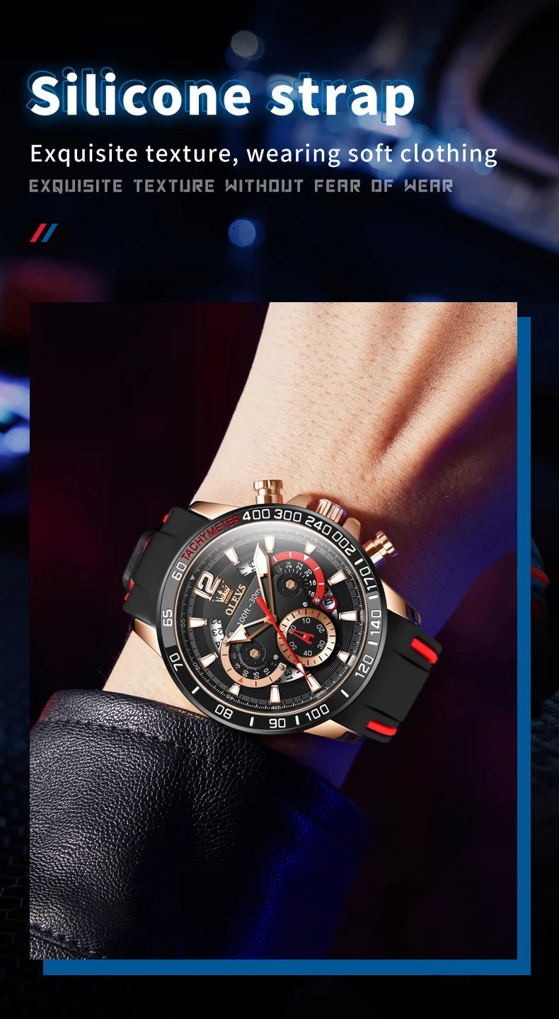 OLEVS 9936 Silicone Strap Multi-function Men Wristwatch, Waterproof Quartz Sport Watch For Men Luminous Chronograph Calendar