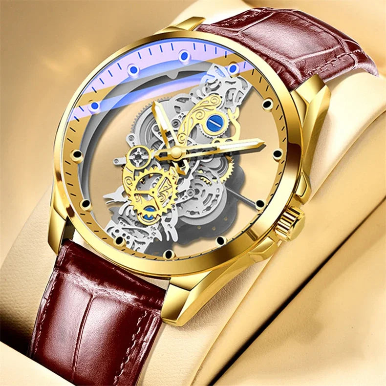 2024 New Men Watch Skeleton Quartz Wristwatch Gold Skeleton Retro Man Watch Top Brand Luxury Clock Mens Watches Reloj Hombre