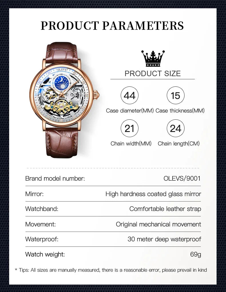 OLEVS Top Brand Luxury Mechanical Watch Men Leather Waterproof Moon Phase Automatic Wristatches Man Clock with Luminous Hands