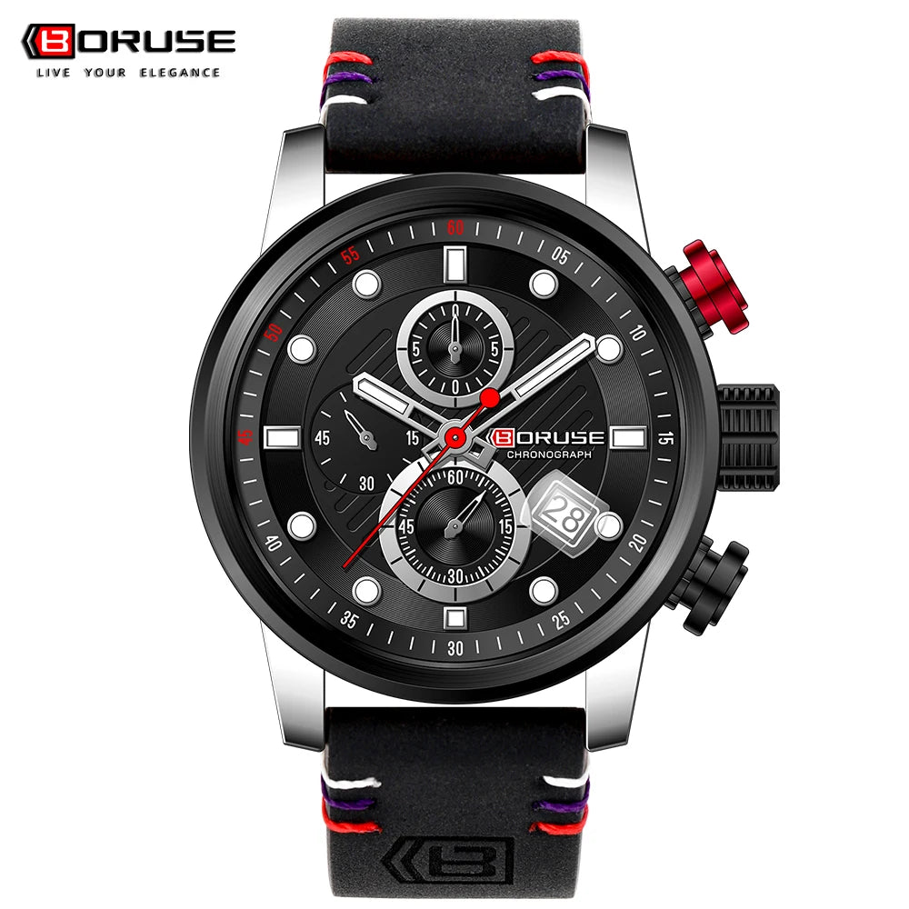 BORUSE New Fashion Mens Watches Top Brand Luxury Military Quartz Watch Man Premium Leather Waterproof Sport Chronograph Watch
