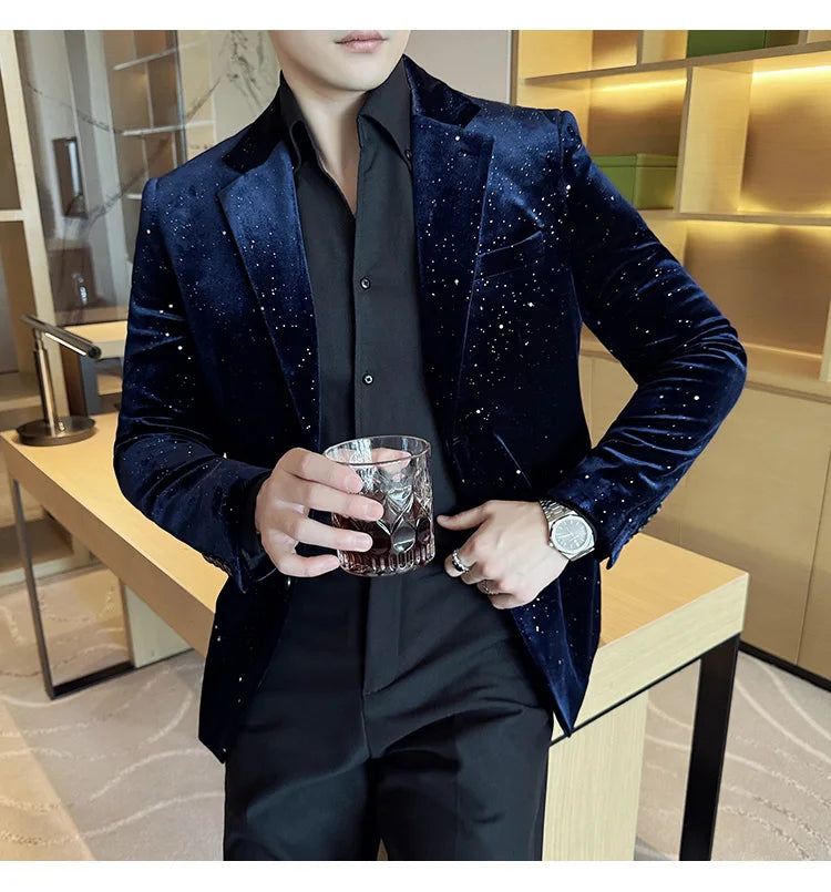 2024 Autumn New Velvet Jacket Men's Blazer Business Fashion Hot Stamping Printed Suit Jacket High-quality Luxury Dress Suit