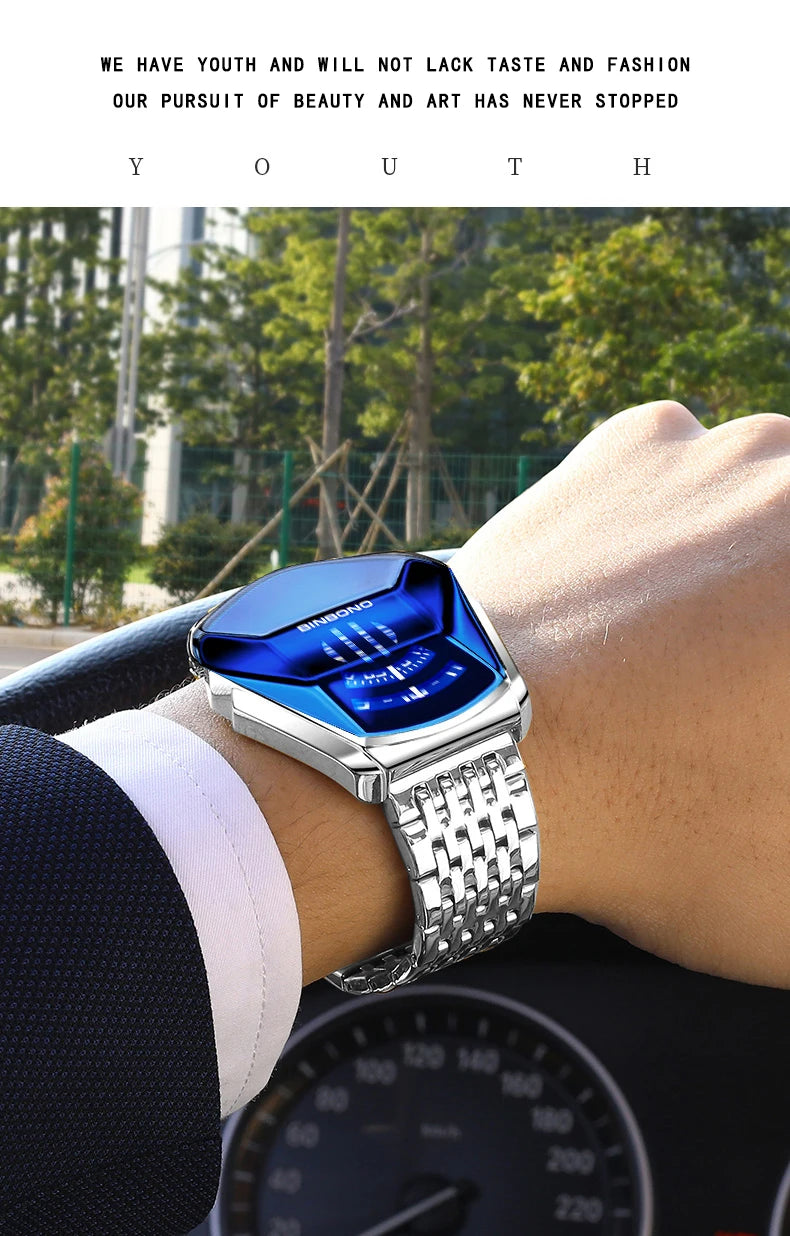 BINBOND Men Popular Fashion Motorcycle Concept Quartz Watch Luminous Steel Band Mesh Watch Touch Screen black technology watch
