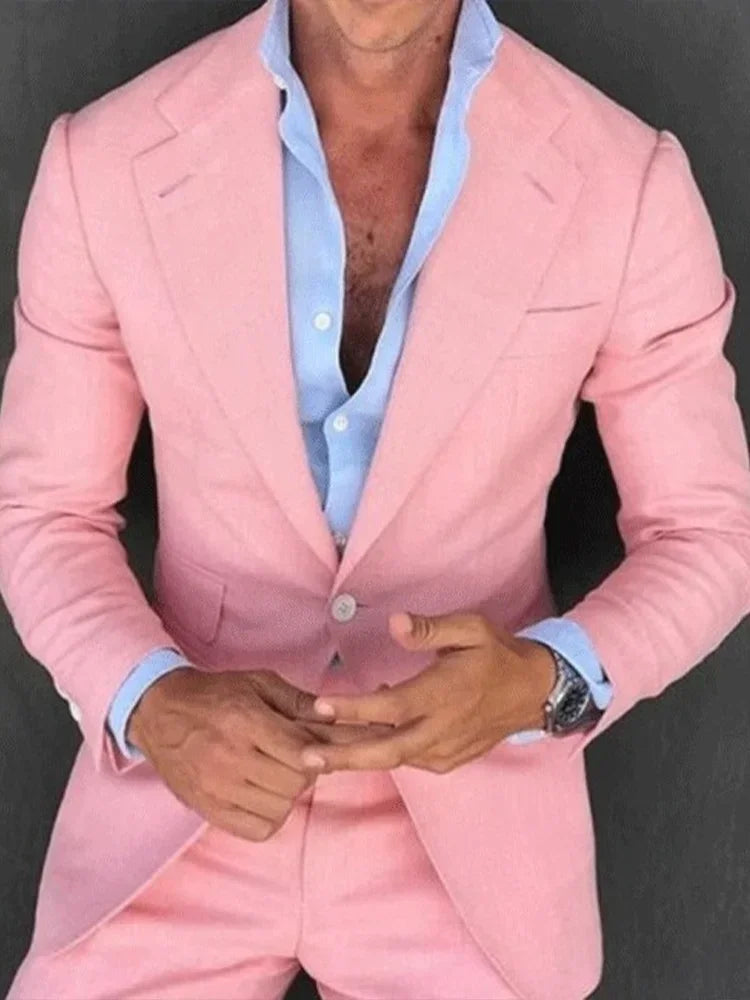 Pink Mens Suits Slim Fit Wedding Suits for Men Formal Tuxedo Costume Homme Mariage Summer Beach Suit 2PCS(Jacket+Pants)
