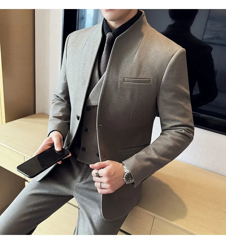 Korean Style Men's Suit Set Slim Fit Business Suit Wool Blazer Three Piece Set Elegant Social Formal Men's Clothing 5XL-M