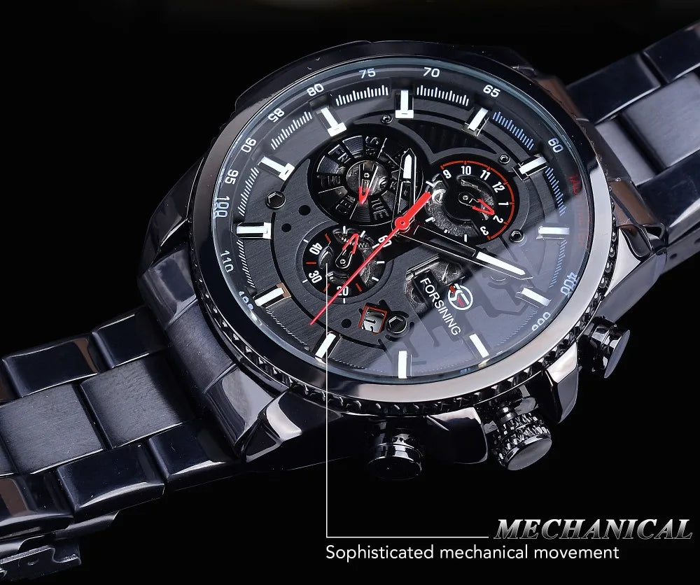 Forsining Top Men's Watches Military Stainless Steel Waterproof Date Week Display Brand Automatic Mechanical Watch for Men