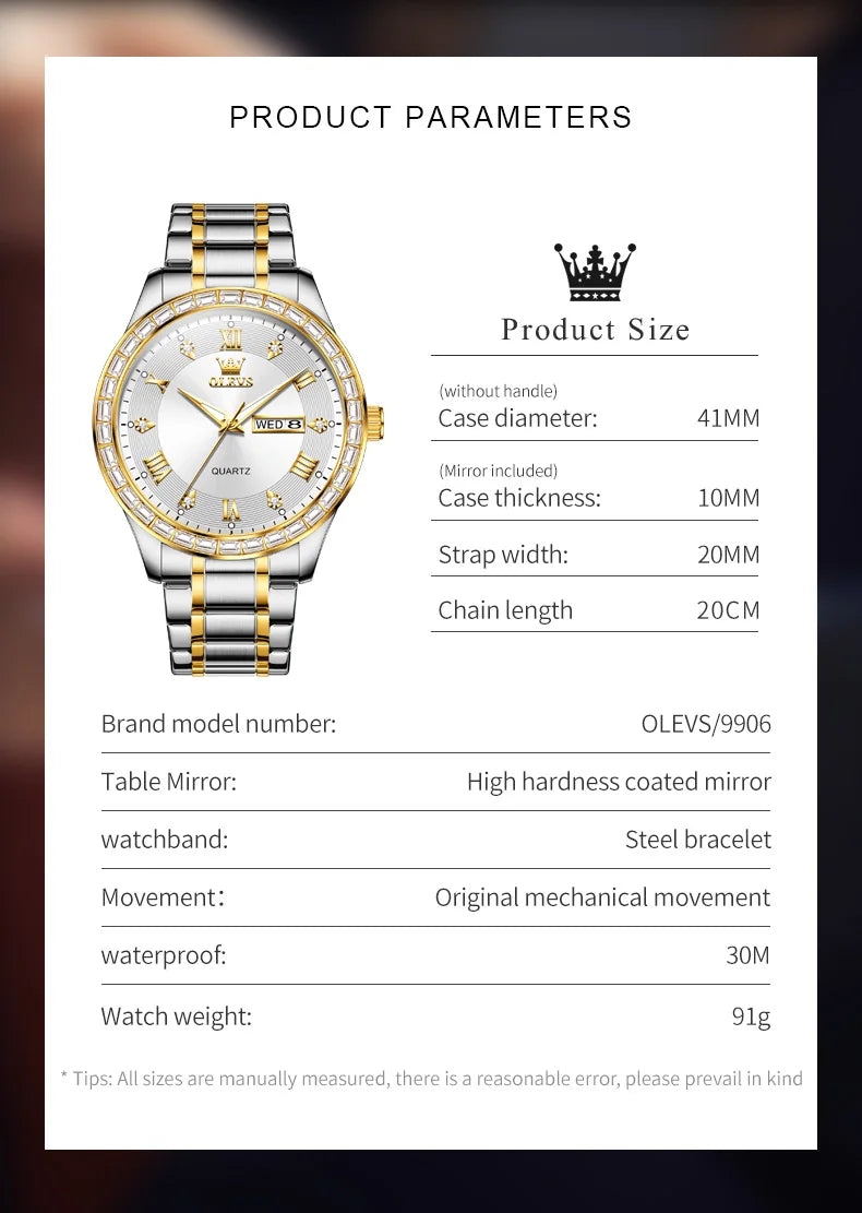 OLEVS 9906 Quartz Men's Watch Classic Fashion Men's Business Waterproof Stainless Steel Diamond dial Top Luxury Brand Men Watch