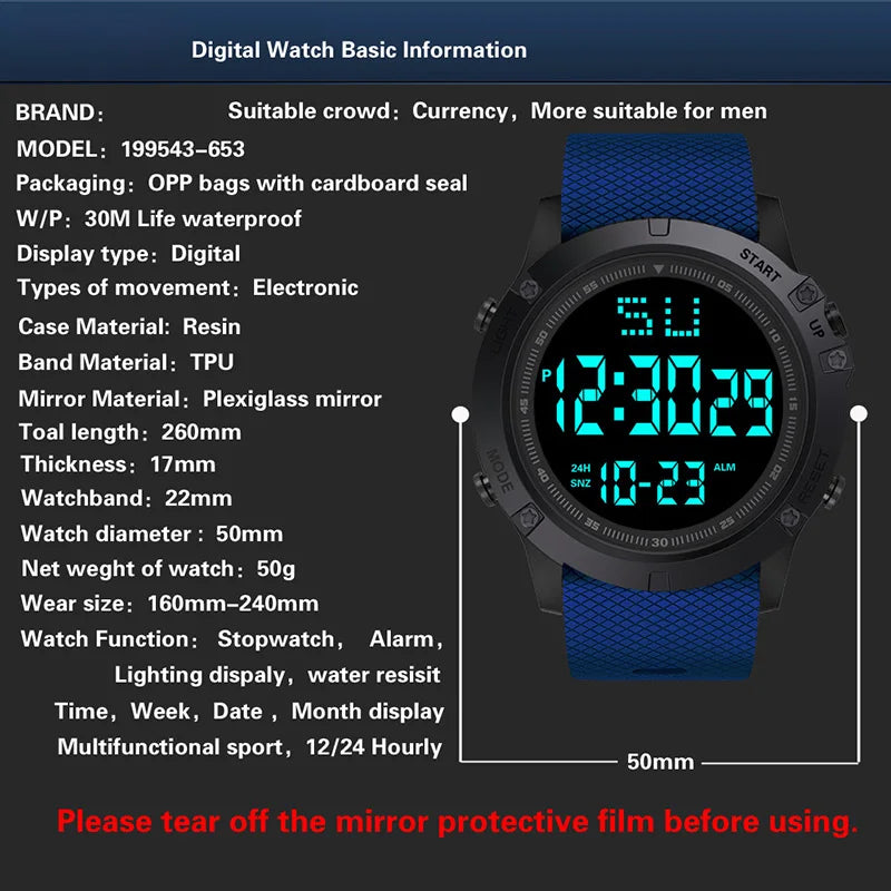 YIKAZE Men's Digital Watches Waterproof Outdoor Men Sports Watch Fitness Electronic Watch Military Sports Clock Kids Gifts