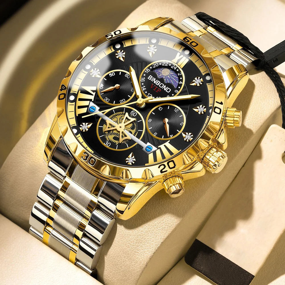 BINBOND Men's Watches Young Fashion Original Quartz Watch for Man Waterproof Luminous Flywheel Chronograph Moon Phase Casual