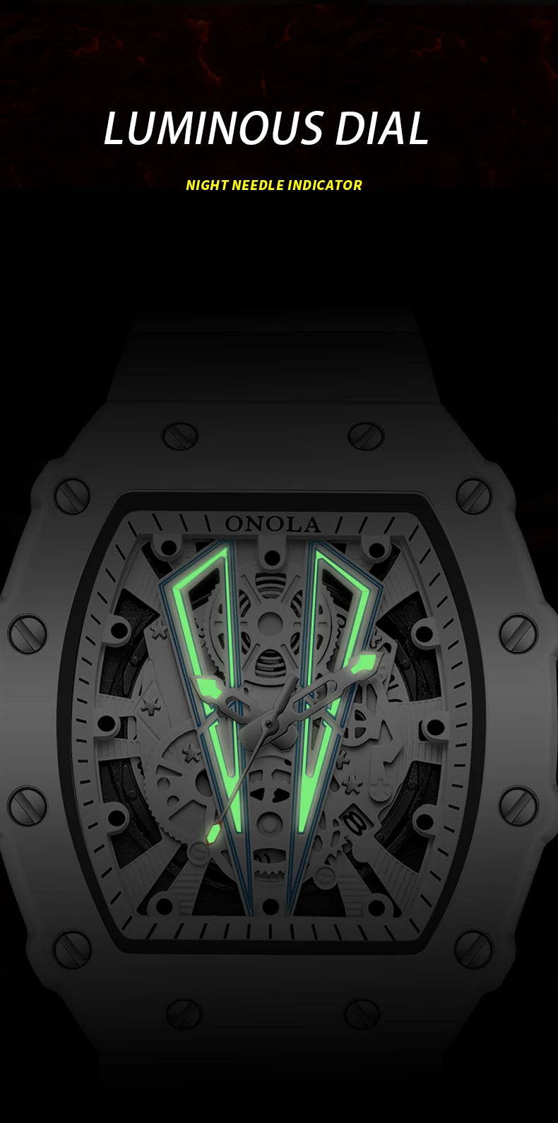 ONOLA Tonneau Mens Watch Fashion White Male Clock Luminous Calendar Water Resistant Silicone Tape Watches for Men Reloj Hombre