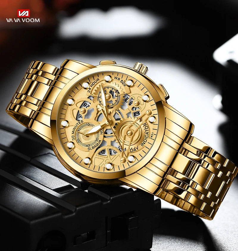Men's Business Watch Skeleton Design Fashion Mechanical Style Stainless Steel Quartz Movement Calendar Waterproof Men WristWatch