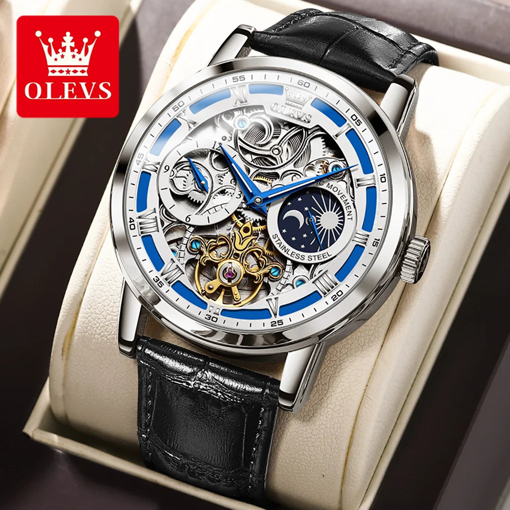 OLEVS Mens Watches Top Brand Luxury Moon Phase Tourbillon Mechanical Watch for Men Automatic Skeleton Watch Relogio Masculino