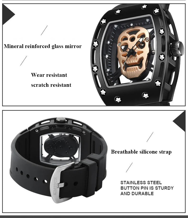 UTHAI Men Watch Fashion Trend For Skeleton Ghost Head Hollow Out Watch Wine Bucket Wristwatch Silicone Male Quartz Clock Watches