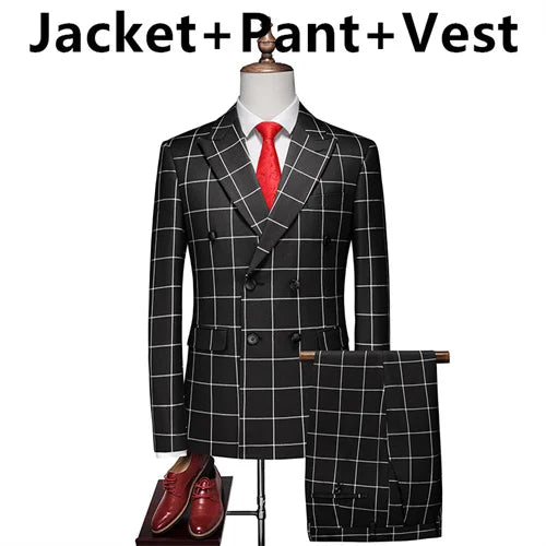 (Jacket +Pant+Vest) Luxury Men Groom Wedding Suits High Quality Business Social Prom Party Double Breasted Plaid Dress 3 Piece