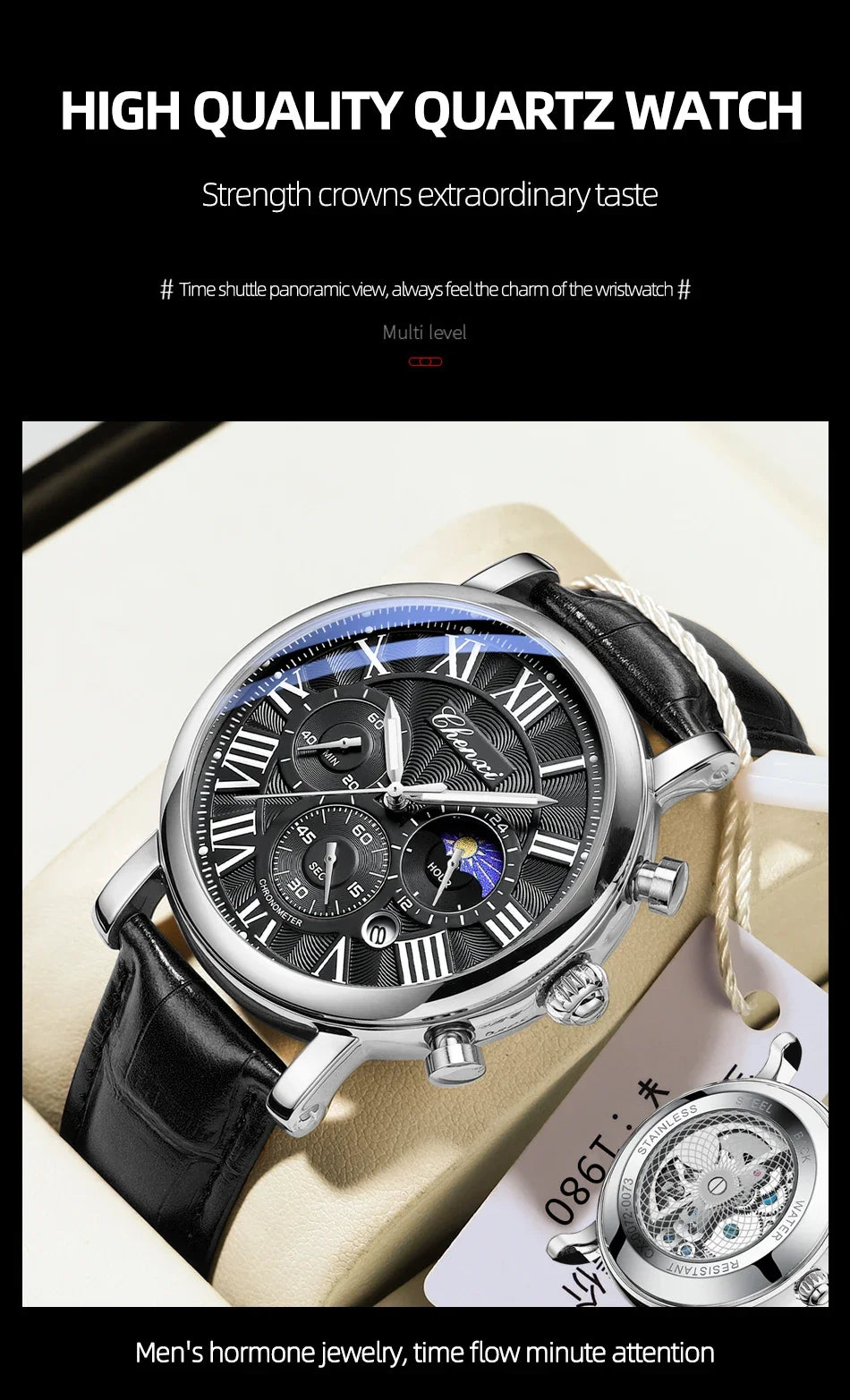 CHENXI 2024 Watches For Men Leather Strap Skeleton Quartz Sweep Second Movement Mens Watch Waterproof Chronograph Wristwatches