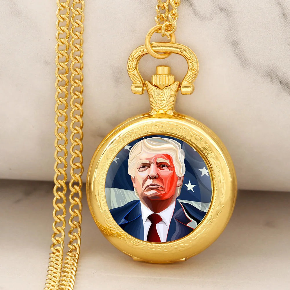 Trump Design Gold Quartz Pocket Watch Women Men Fashion Glass Dome Necklace Unique Pendant Silver Clock Watch Gift Accessories