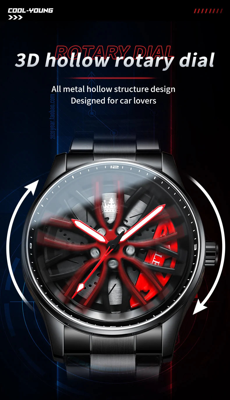 OLEVS Men Quartz Watch Car Wheel Rim Hub Dial Male Wristwatch Cool Man Black Red Waterproof Watches Full Steel Relogio Masculino