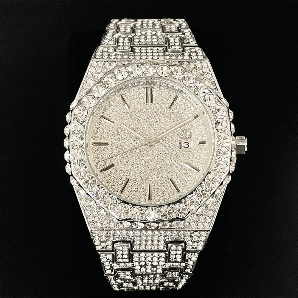 2024 New Hip Hop Mens Quartz Watch Brand MISSFOX Luxury Automatic Date Iced Out Clocks Man Fashion Green Full Diamond Wristwatch