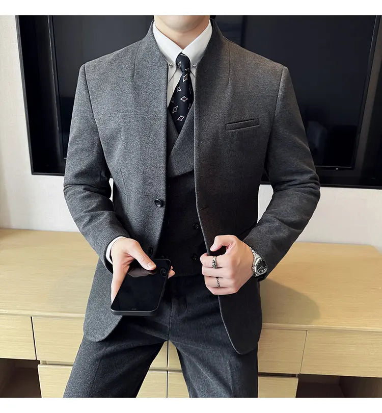 Korean Style Men's Suit Set Slim Fit Business Suit Wool Blazer Three Piece Set Elegant Social Formal Men's Clothing 5XL-M