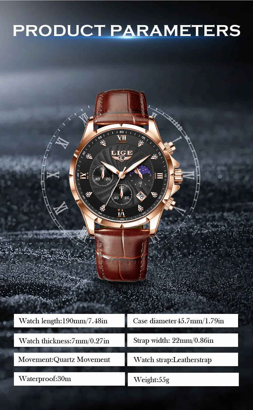 LIGE Men's Watch Luxury Business Luminous Waterproof Leather Watches Moon Phase Week Date Casual Quartz Watch Men Reloj hombre