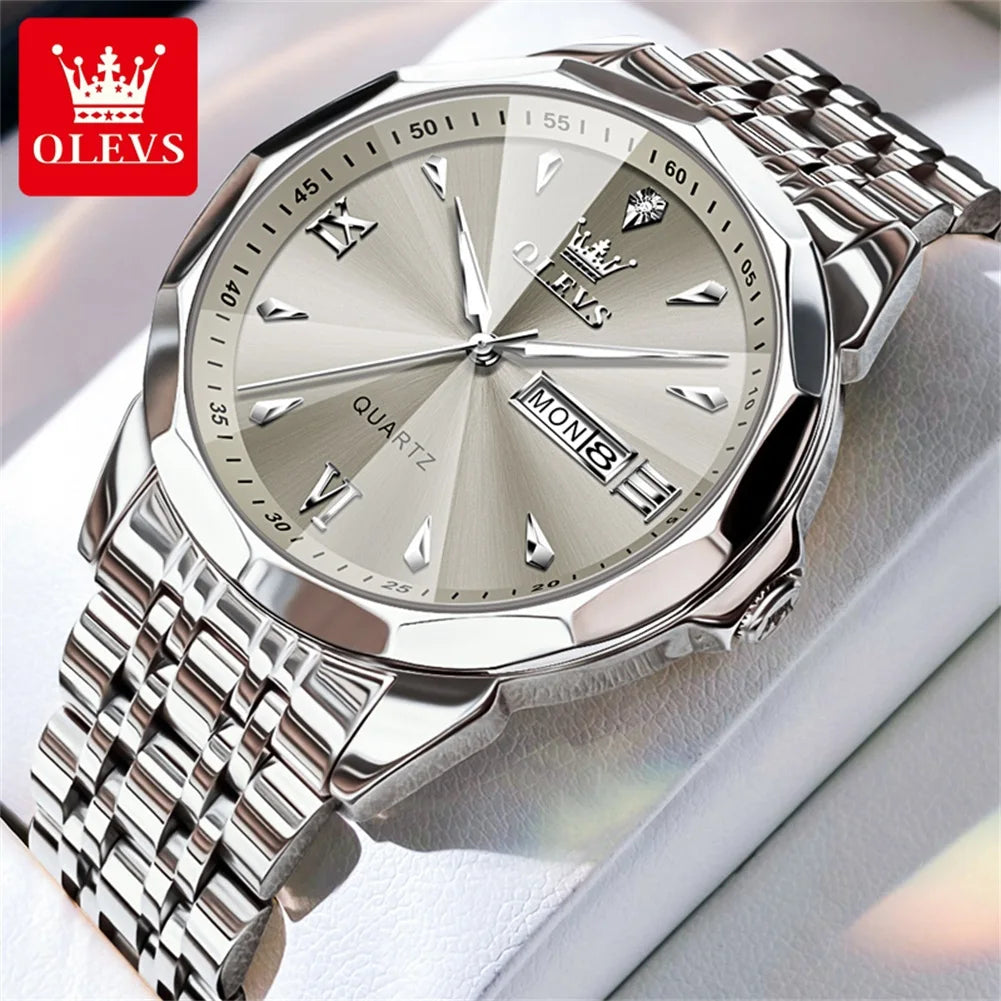 OLEVS 9998 Mens Watch Original Rhombus Mirror Quartz Mature Man Watch Waterproof Luminous Dual Calendar Display Watch For Man
