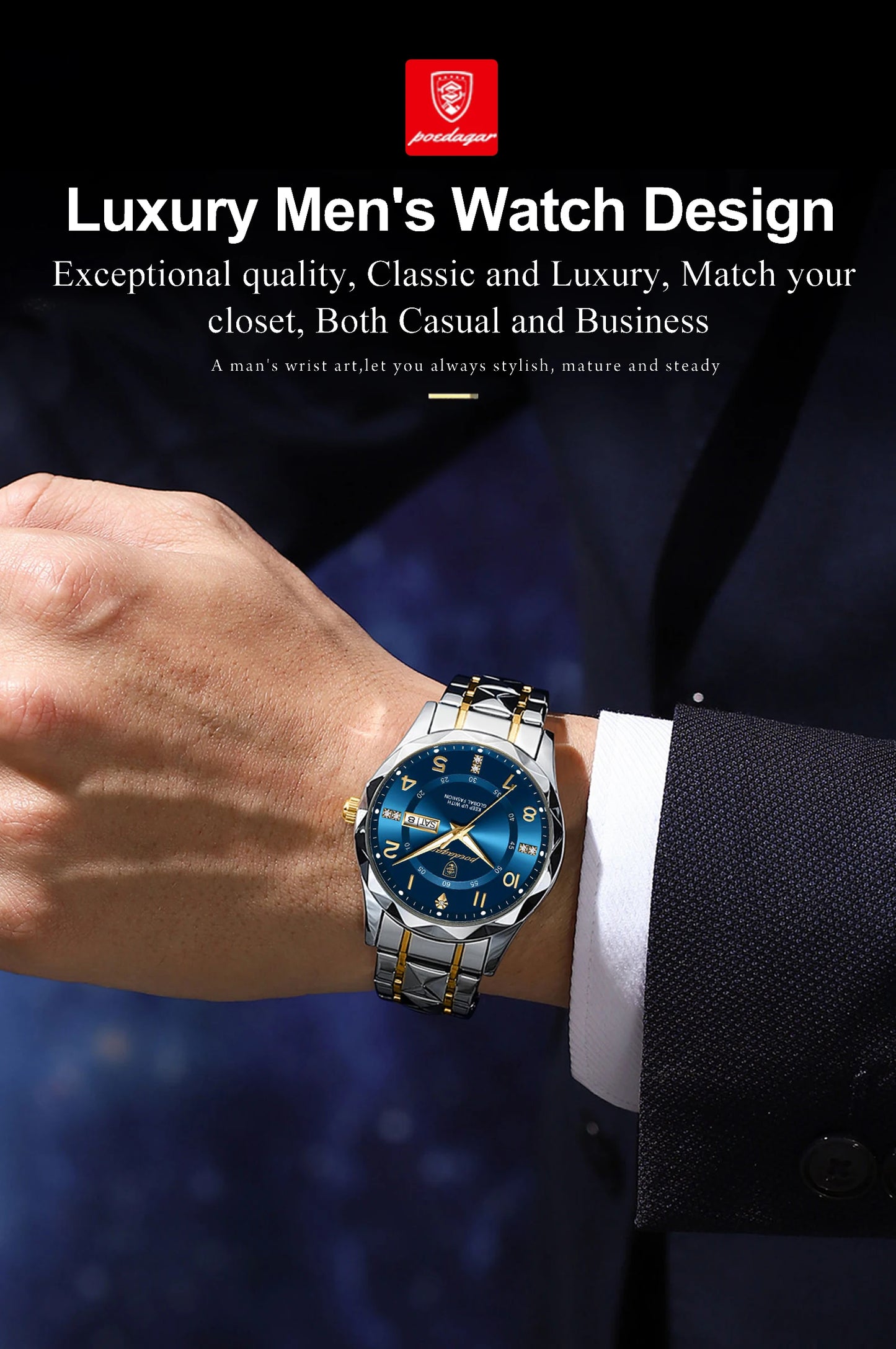 POEDAGAR Luxury Man Wristwatch Waterproof Luminous Date Week Men Watch Sport Stainless Steel Quartz Men's Watches Male reloj+box