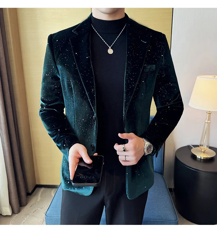 2024 Autumn New Velvet Jacket Men's Blazer Business Fashion Hot Stamping Printed Suit Jacket High-quality Luxury Dress Suit