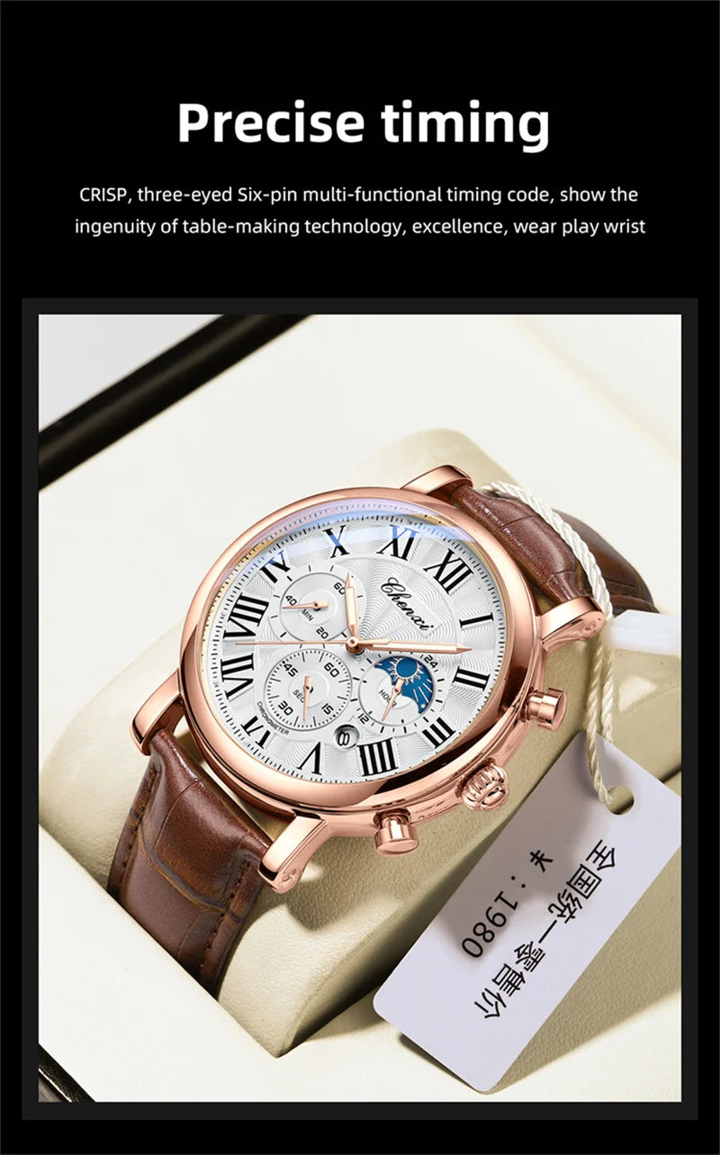 CHENXI 973 Men's Wristwatch Multi-functional Business Watch Moon Phase Date Waterproof Rome Dial Leather Quartz Watches for Man