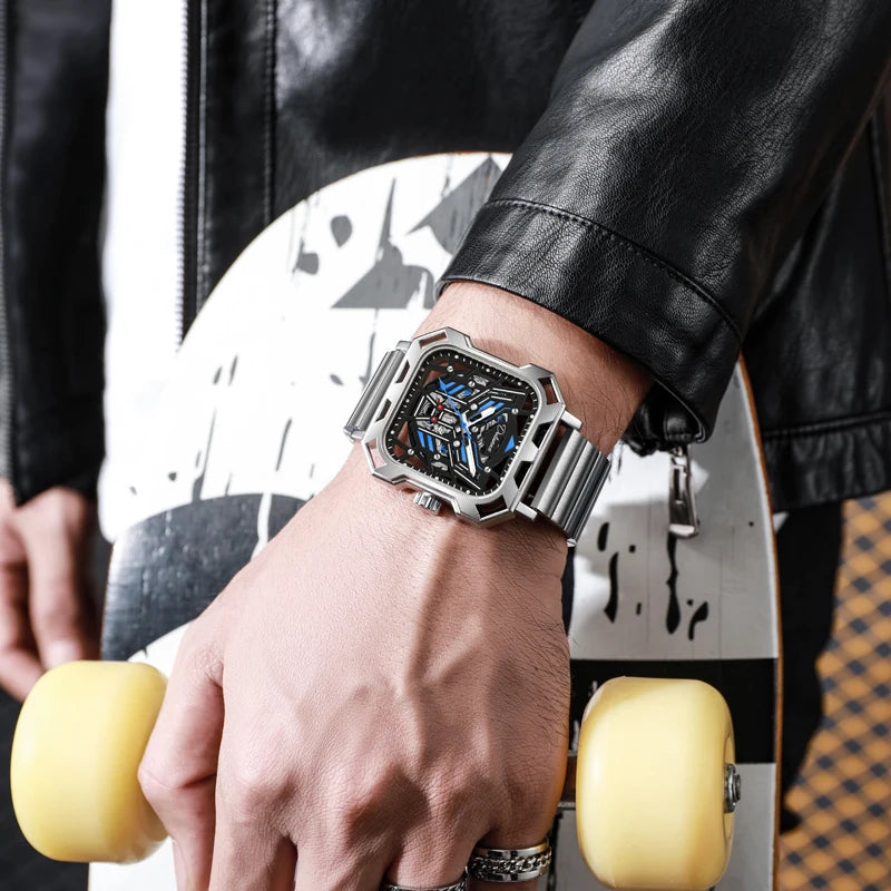 Square Skeleton Dial Mens Watches Top Brand Luxury Luminous Sports Automatic Mechanical Watch Waterproof Steel Reloj Hombre