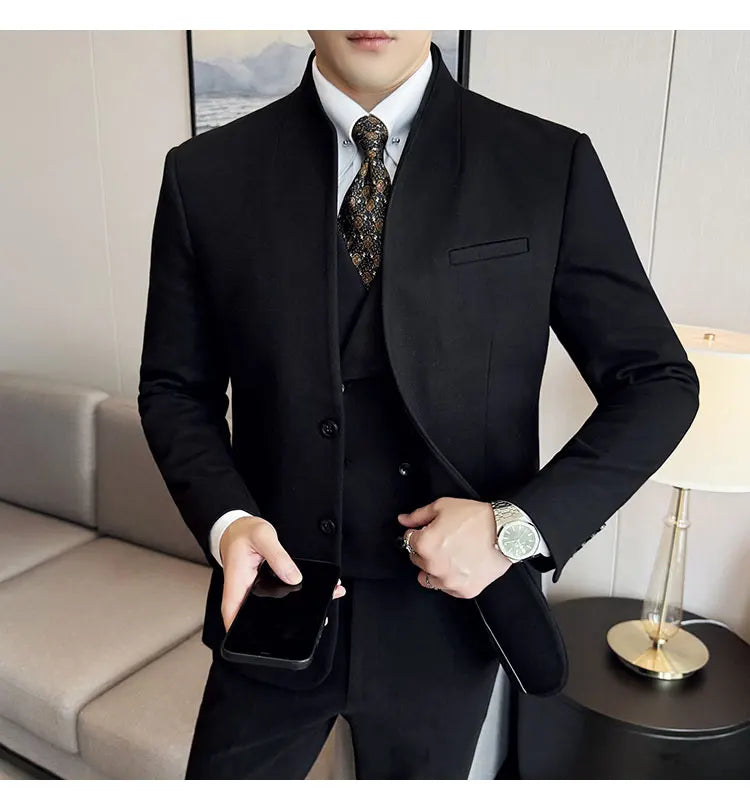 Korean Style Men's Suit Set Slim Fit Business Suit Wool Blazer Three Piece Set Elegant Social Formal Men's Clothing 5XL-M