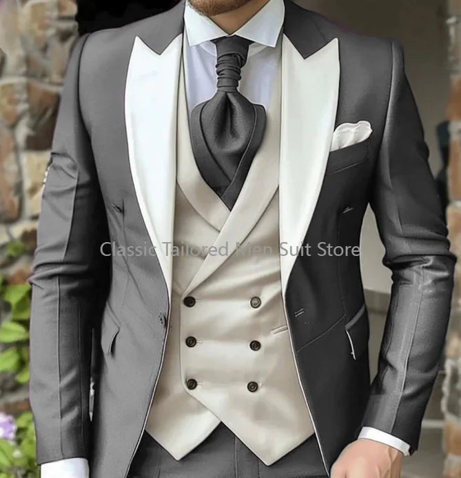 Elegant Wedding 3 Piece Jacket Pants Vest Full Set Luxury Single Breasted Peak Lapel Purple Male Clothing Men's Suits Blazer