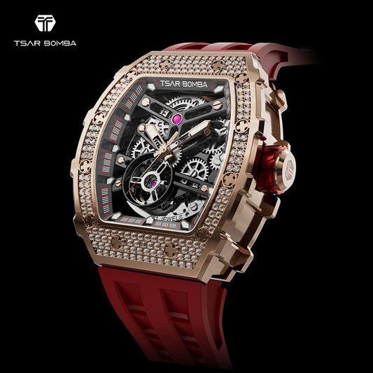 TSAR BOMBA Rose Gold Mens Automatic Watch Mechanical Wristwatch Sapphire Clock Fashion Skeleton Watch New Year Gift for Men