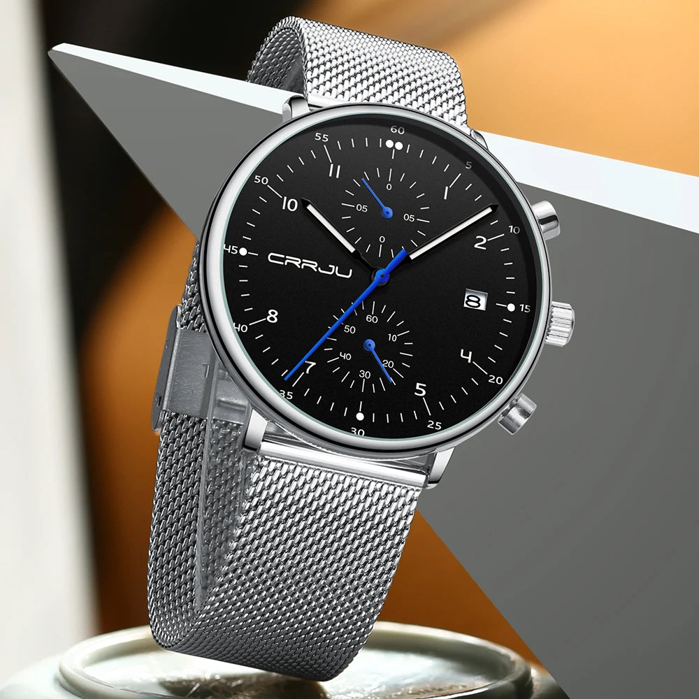 Mens Watch CRRJU Luxury Top Brand Men Stainless Steel WristWatch Men's Military waterproof Date Quartz watches relogio masculino