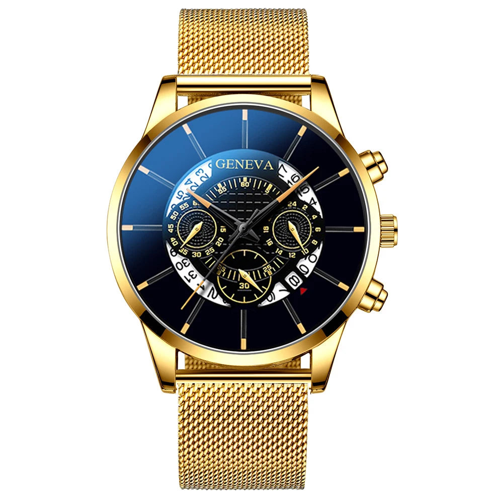 reloj hombre Mens Fashion Business Calendar Watches Blue Stainless Steel Mesh Belt Analog Quartz Wrist Watch relogio masculino