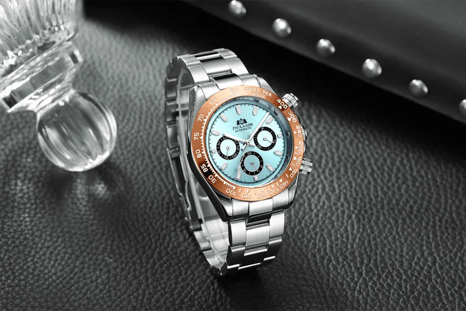 Automatic Watches Self Wind Mechanical Gold Stainless Steel Glacier Ice Blue Dial Chestnut Brown Bezel Luminous Men Watch