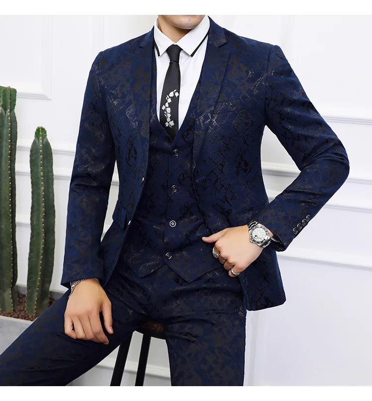 High-end Brand Suit Men Clothing Fashion Business Banquet Wedding Blazers Jacket with Vest and Pants Black / Blue Size 6XL