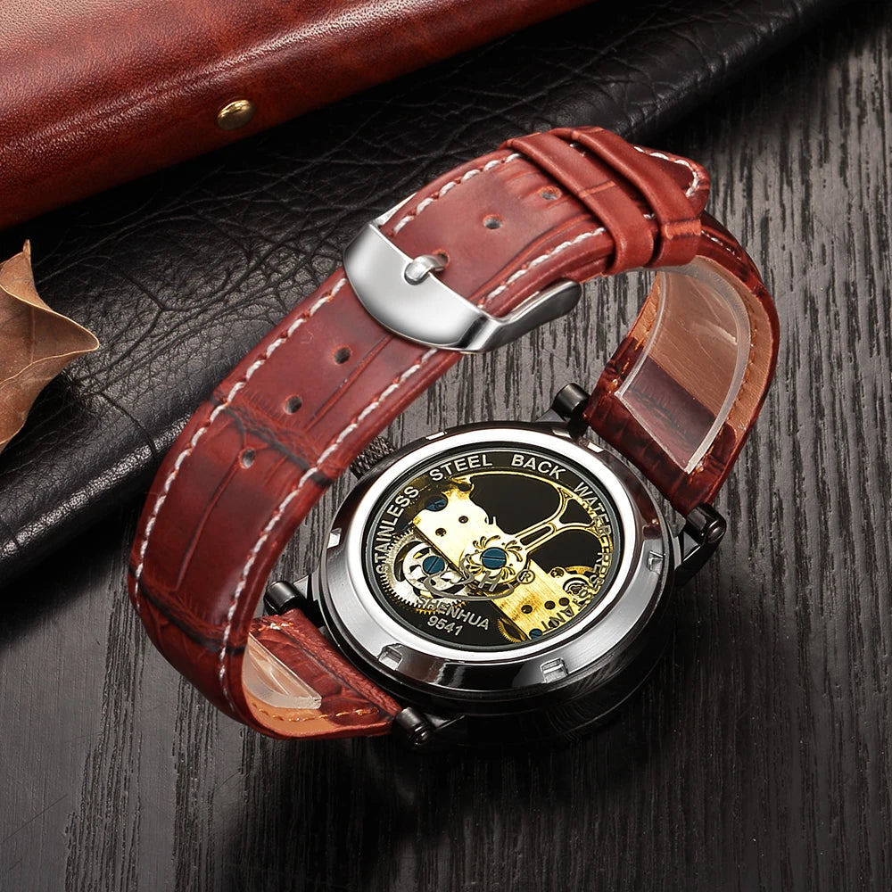 Luxury Tourbillon Automatic Mechanical Watches Men Skeleton Watches Men Transparent Watches Leather SHENHUA Relogio Masculino