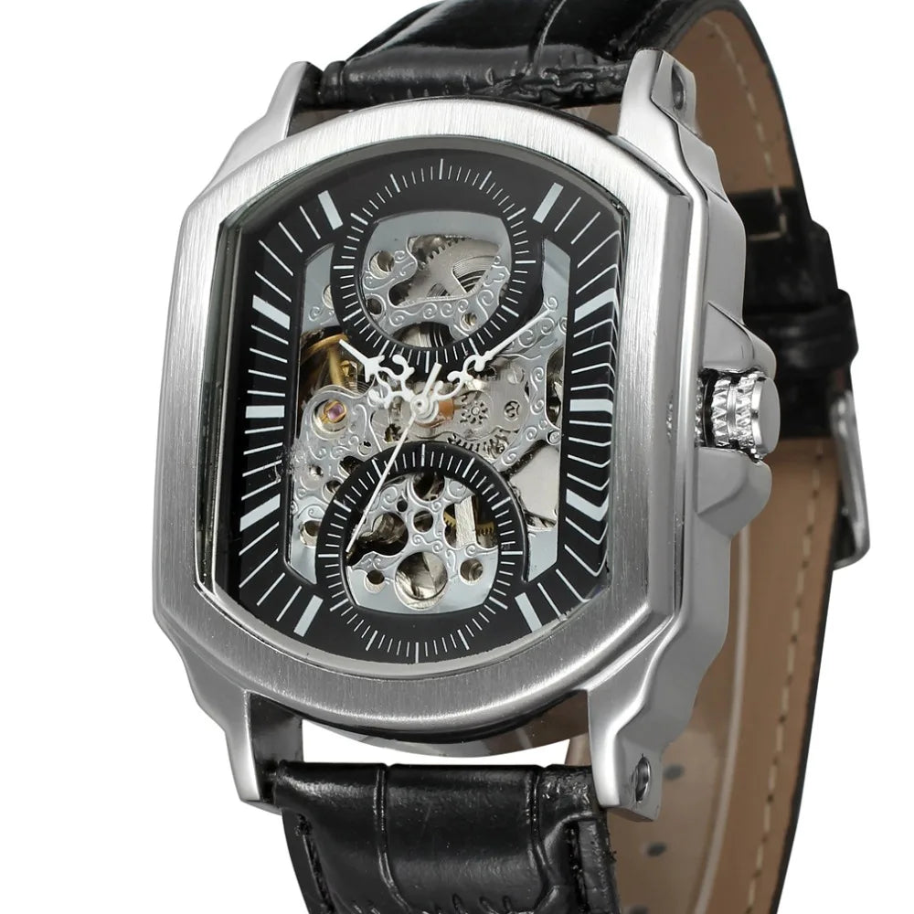 Luxury Mens Watches Tonneau Silver Transparent Skeleton Watch for Men Mechanical Hollow Out Wristwatches Stainless Steel Strap