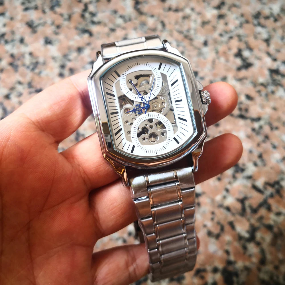 Luxury Mens Watches Tonneau Silver Transparent Skeleton Watch for Men Mechanical Hollow Out Wristwatches Stainless Steel Strap