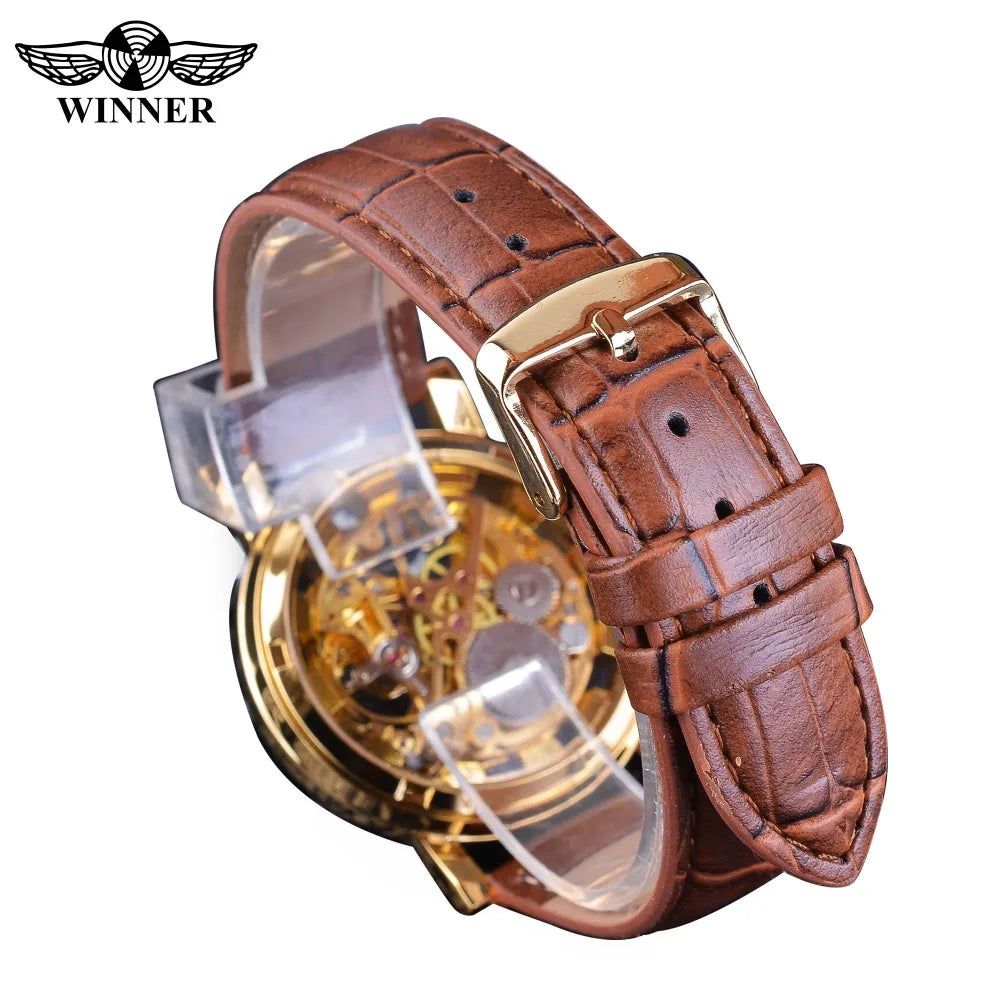 Winner Transparent Golden Case Luxury Casual Design Brown Leather Strap Mens Watches Top Brand Luxury Mechanical Skeleton Watch
