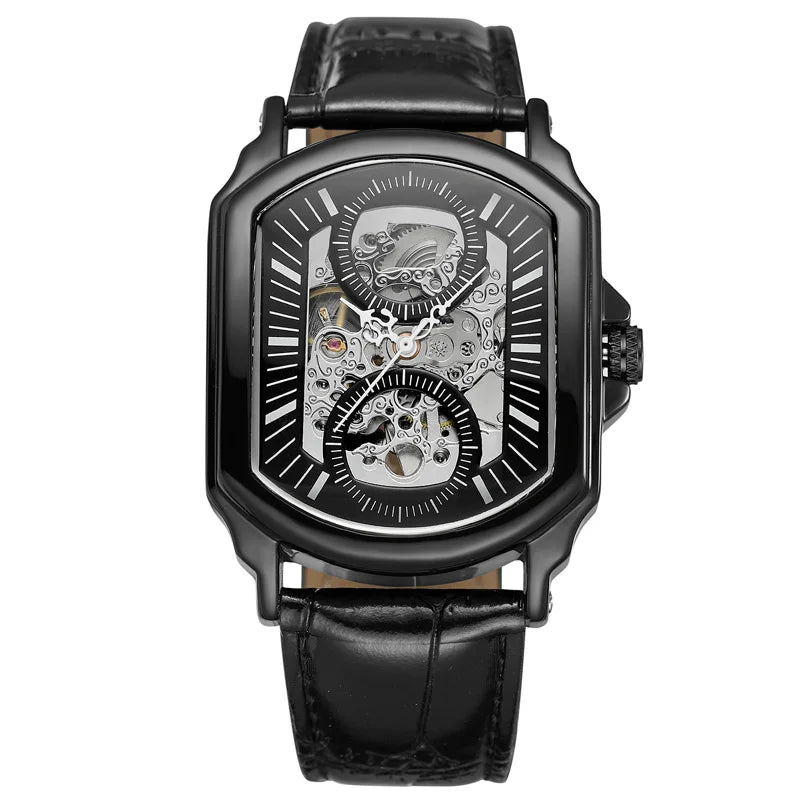 Luxury Mens Watches Tonneau Silver Transparent Skeleton Watch for Men Mechanical Hollow Out Wristwatches Stainless Steel Strap