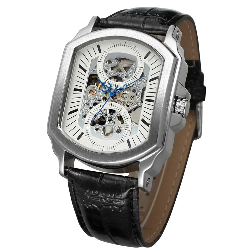 Luxury Mens Watches Tonneau Silver Transparent Skeleton Watch for Men Mechanical Hollow Out Wristwatches Stainless Steel Strap