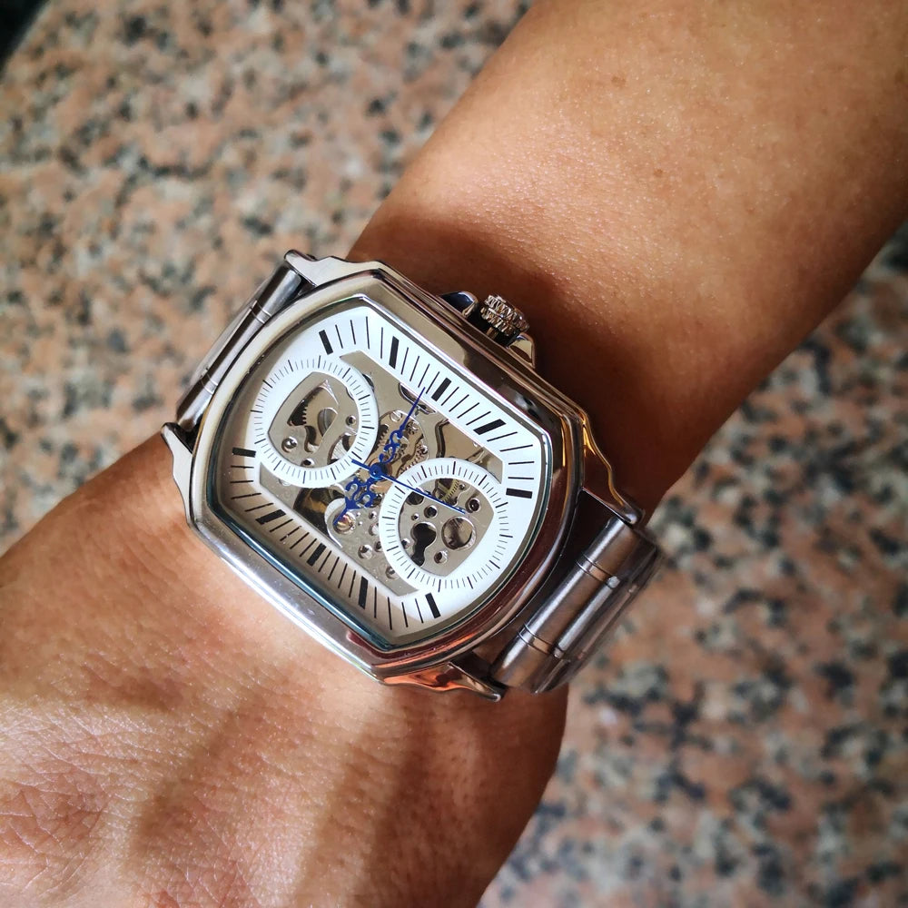 Luxury Mens Watches Tonneau Silver Transparent Skeleton Watch for Men Mechanical Hollow Out Wristwatches Stainless Steel Strap